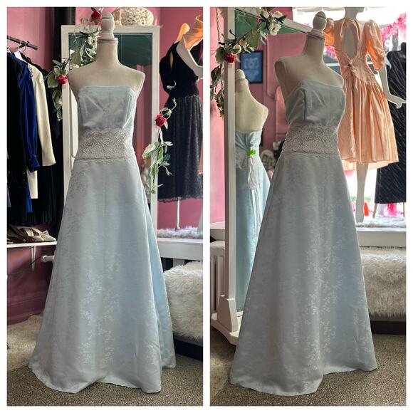 Vintage Y2K 2000s Strapless Formal Evening Prom Dress Blue Floral Lace M/L - Picture 1 of 8